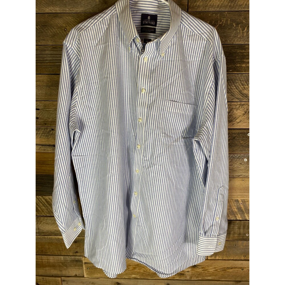 Stafford Mens Sz 17 1/2  Blue & White Stripe Button Down Long Sleeve Shirt